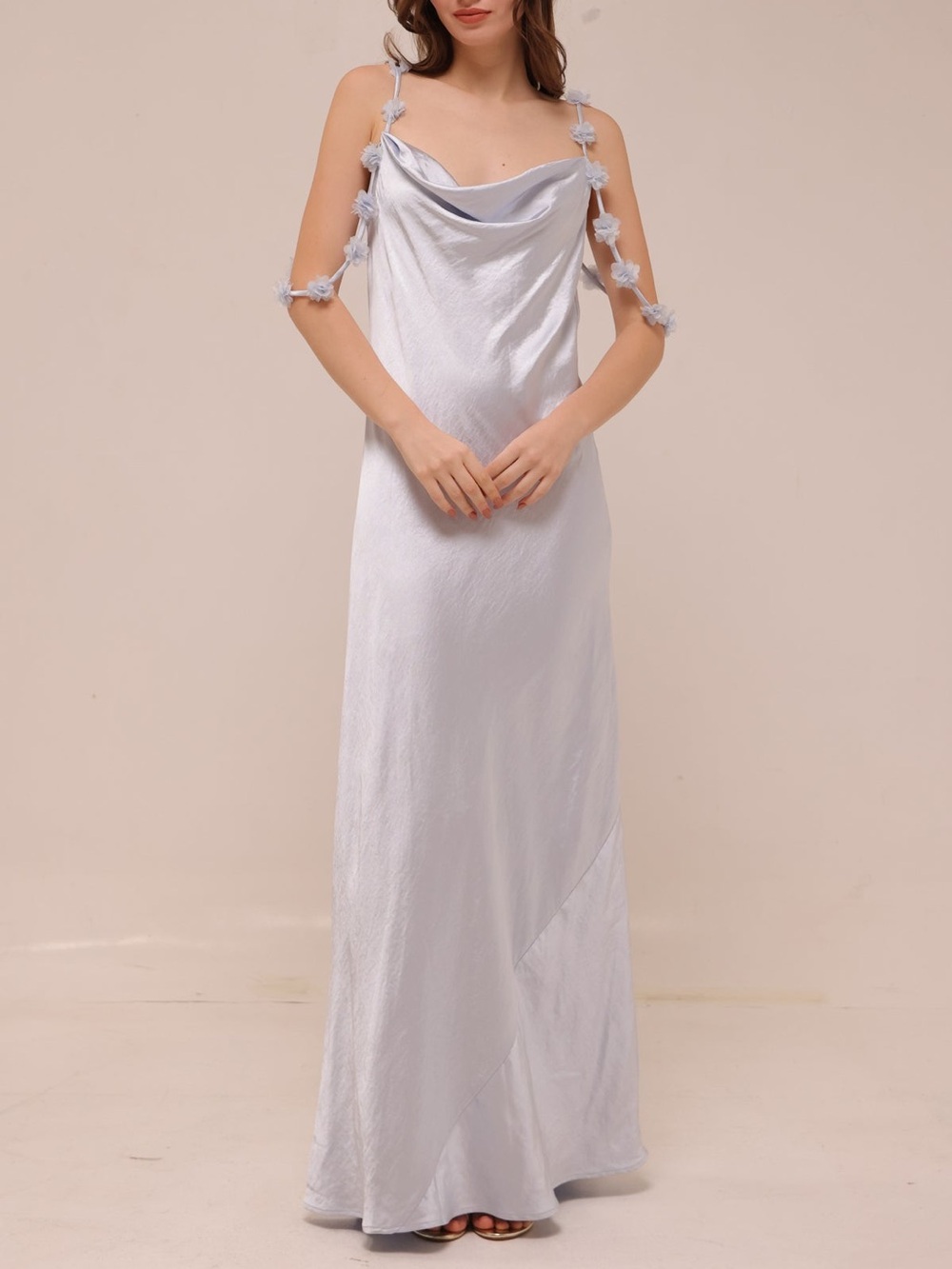 Caroline Constas Ice Blue Satin Maxi Slip Dress Cowl Neck Floral Sleeve Size M